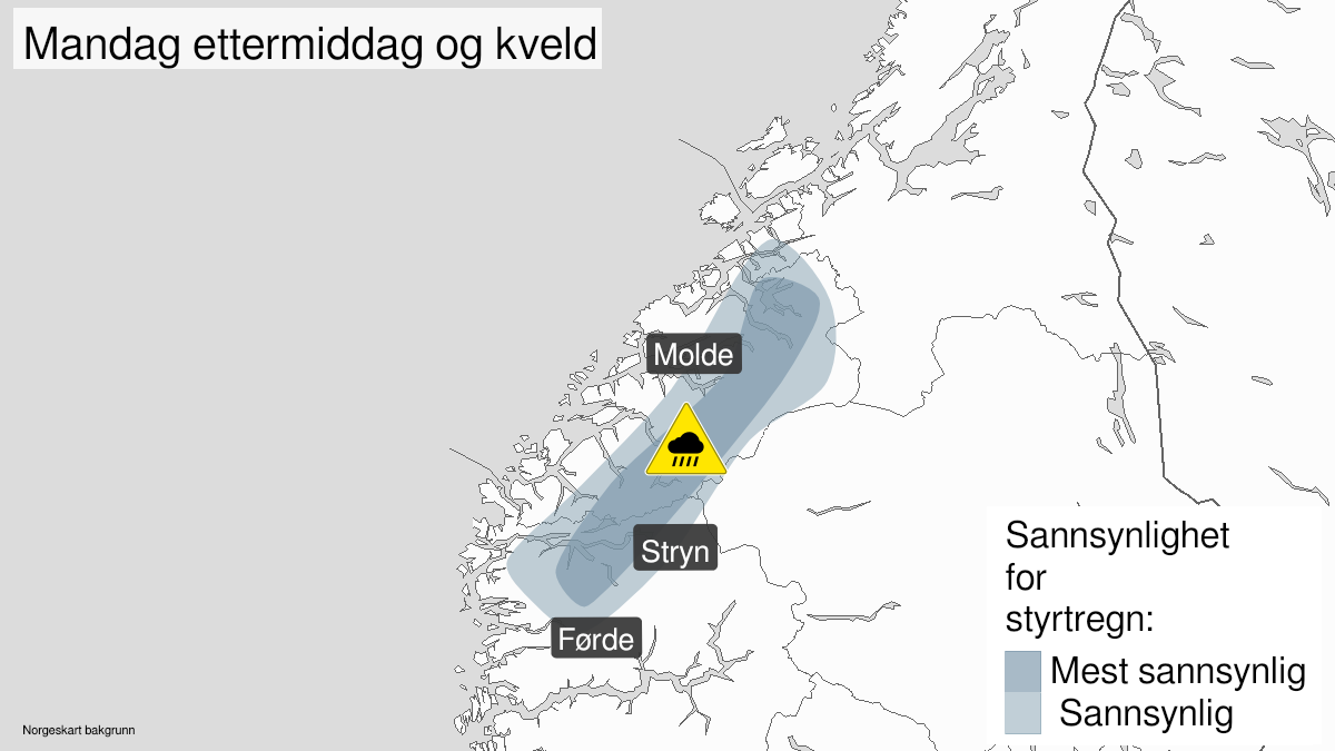 Kart over Styrtregn, gult nivå, Deler av Møre og Romsdal, Nordfjord og Sunnfjord, 2023-07-31T12:01:00+00:00, 2023-07-31T20:00:00+00:00