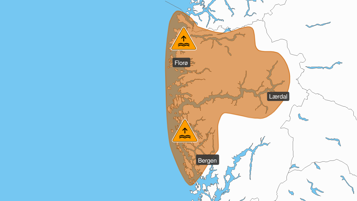 Extreme weather Didrik: Very high water level, orange level, Bergen og omland and Sogn og Fjordane, 15 January 00:00 UTC to 15 January 17:00 UTC.