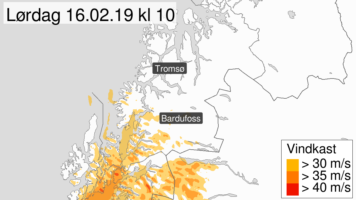 Kraftige vindkast, gult nivå, Sør-Troms, 16 February 00:00 UTC til 16 February 12:00 UTC.