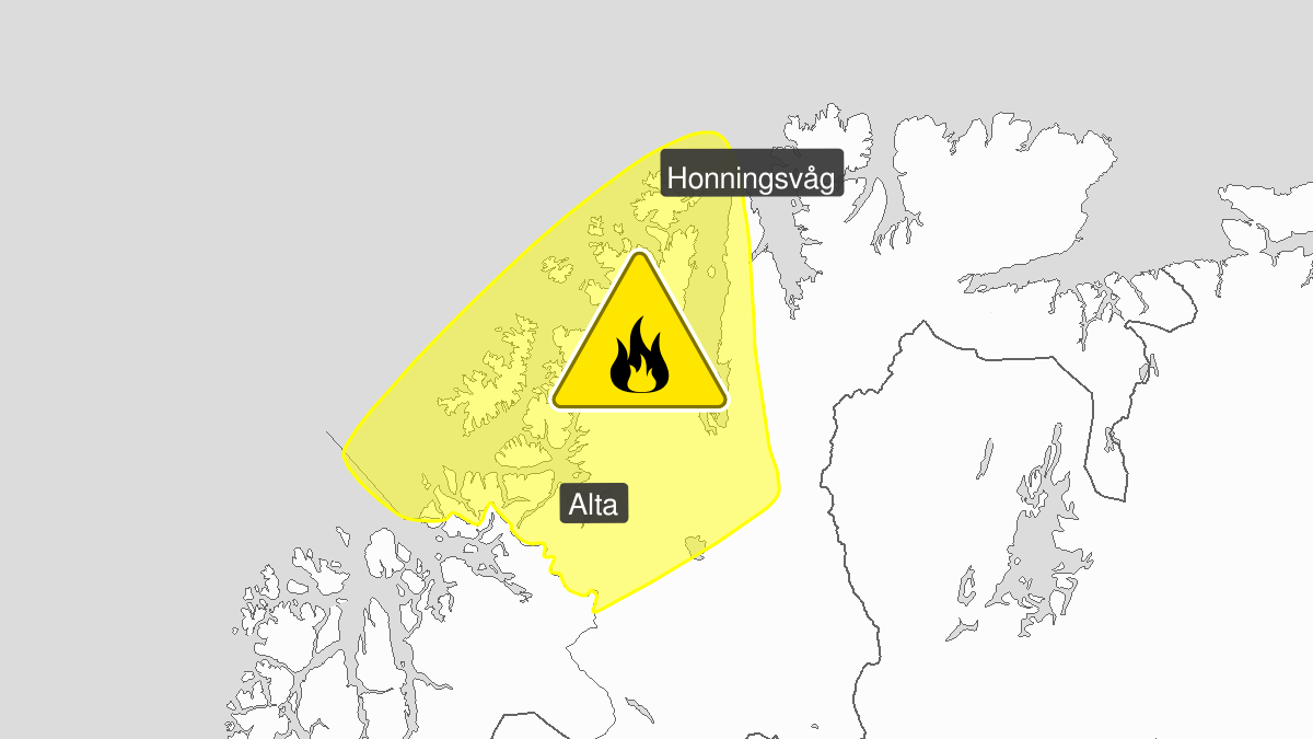 Skogbrannfare, gult nivå, Kyst- og fjordstrøkene i Vest-Finnmark, 14 August 08:00 UTC til 17 August 12:00 UTC.