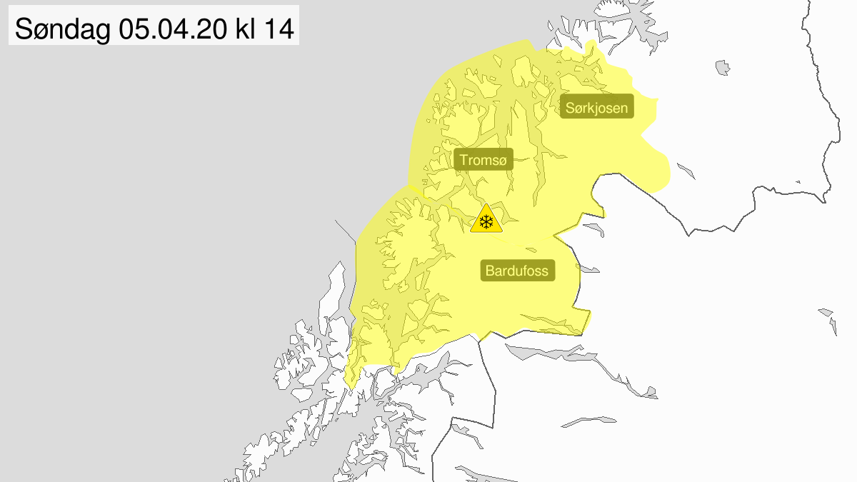 Map of blowing snow, yellow level, Troms, 05 April 05:00 UTC to 05 April 15:00 UTC.