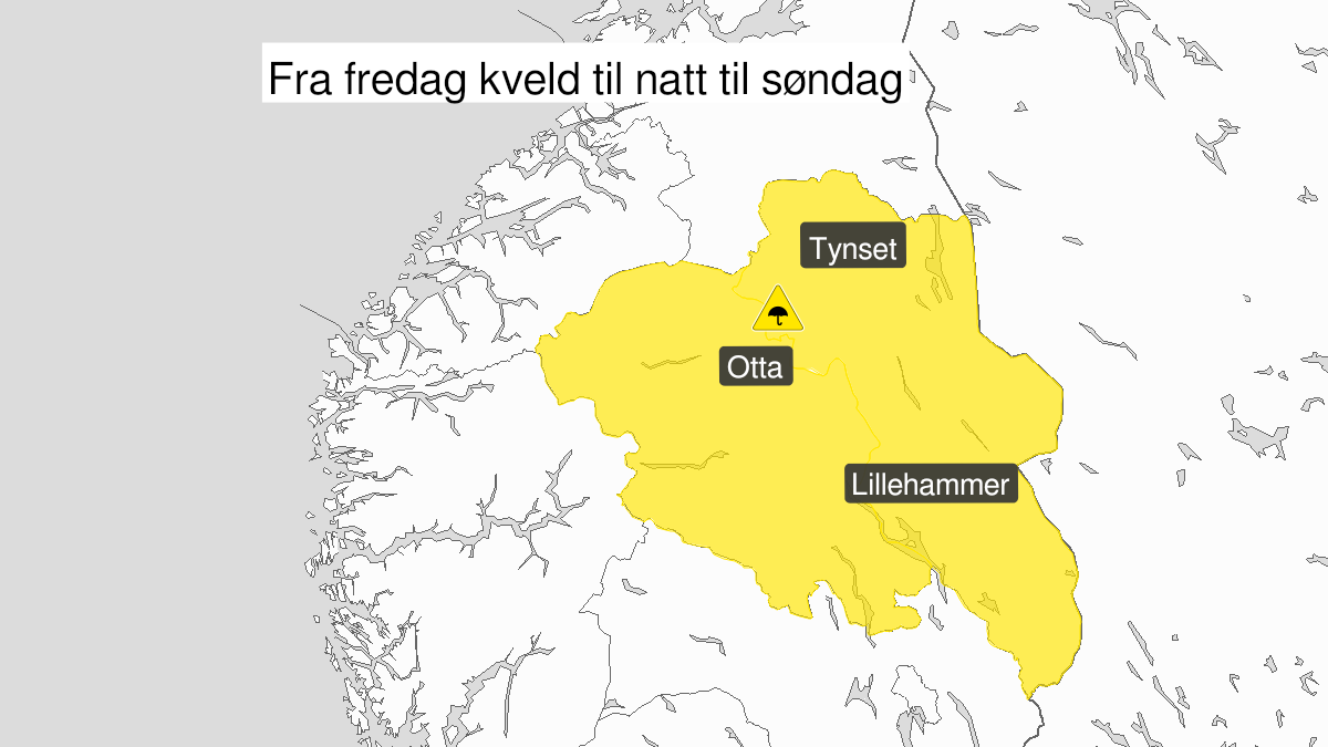 Map of heavy rain, yellow level, Innlandet fylke, 13 August 20:00 UTC to 14 August 12:00 UTC.