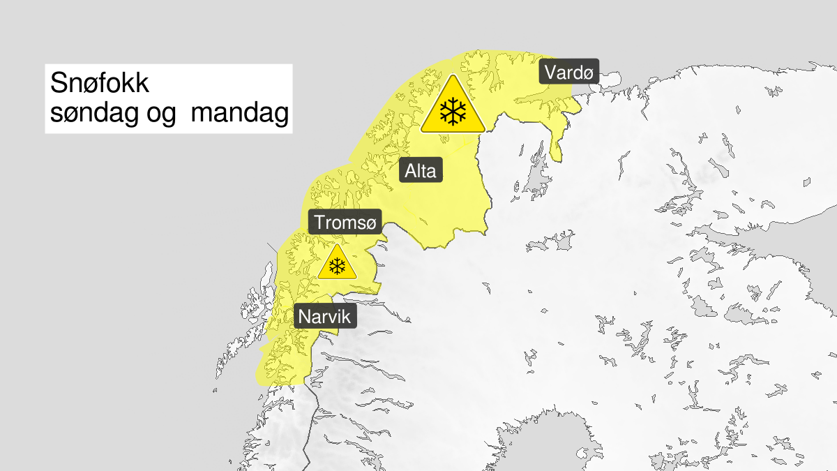 Kart over kraftig snøfokk, gult nivå, Ofoten og Troms, Nord-Salten og Finnmark, 11 April 18:00 UTC til 13 April 21:00 UTC.
