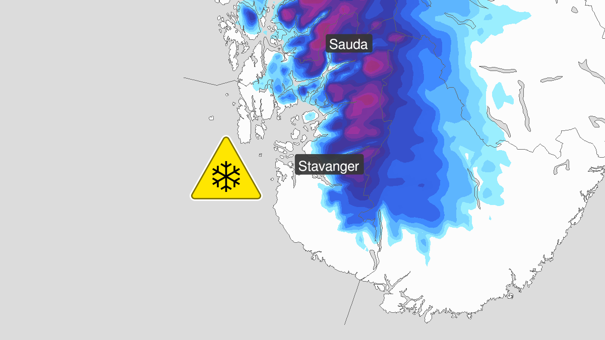 Map of heavy snow, yellow level, Rogaland, 15 May 19:00 UTC to 17 May 12:00 UTC.