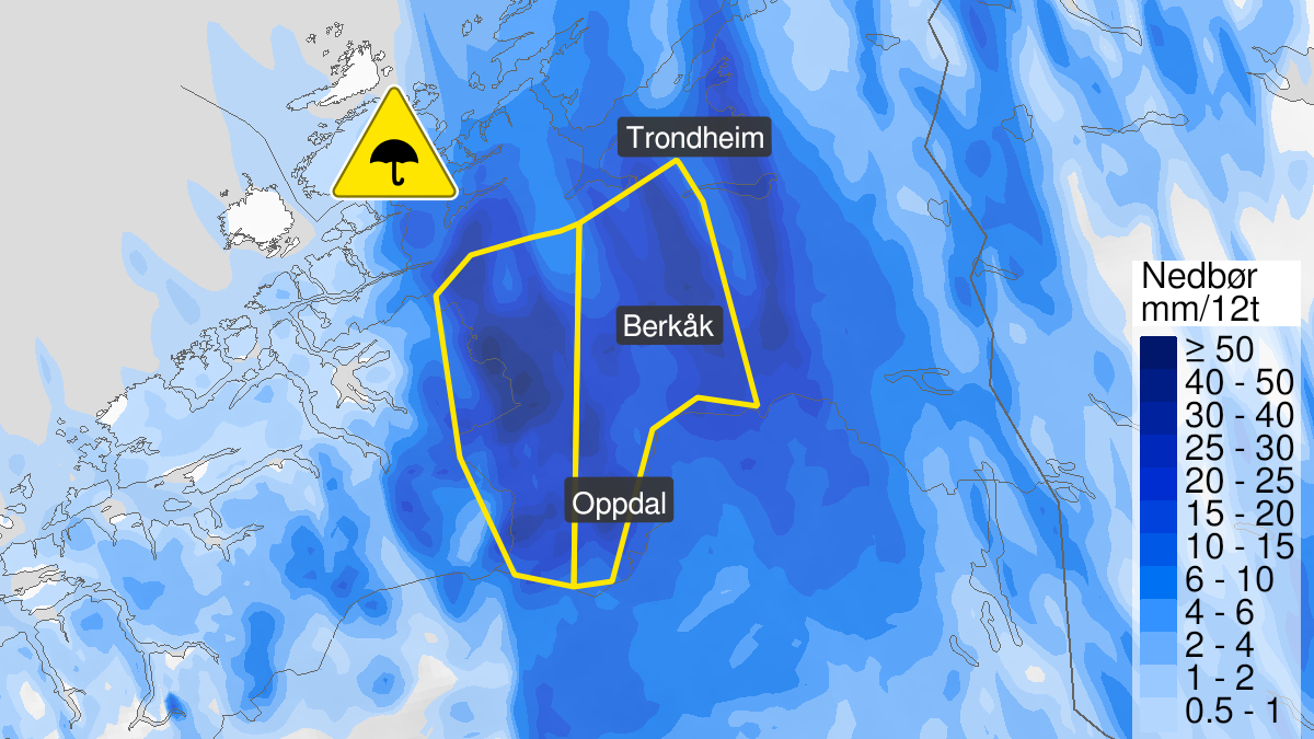 Kart over Mye regn pågår, gult nivå, Deler av Trøndelag, 2024-06-10T08:20:00+00:00, 2024-06-10T20:00:00+00:00