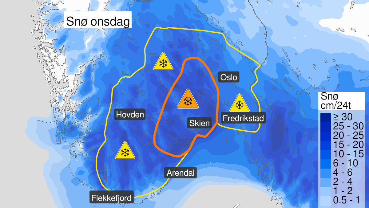 Kart over Svært mye snø, oransje nivå, Deler av Agder og Østlandet, 2023-01-03T23:00:00+00:00, 2023-01-05T03:00:00+00:00