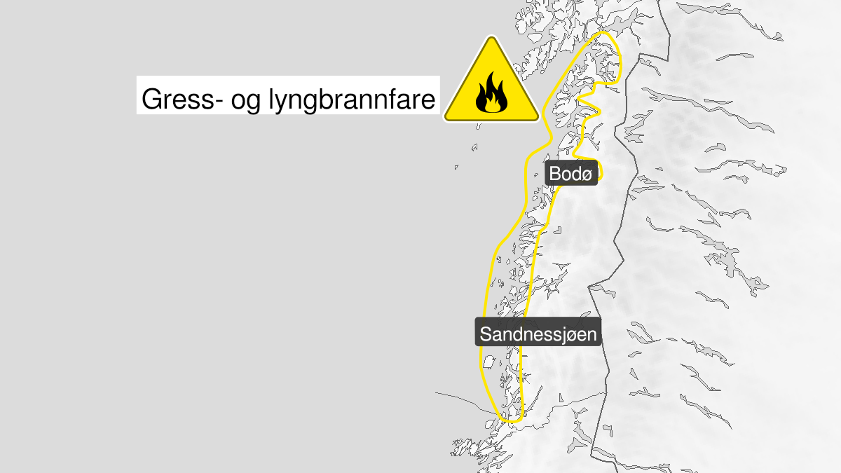 Map over Forest fire danger expected, yellow level, Coast for Nordland, 2023-04-13T12:00:00+00:00, 2023-04-16T08:00:00+00:00