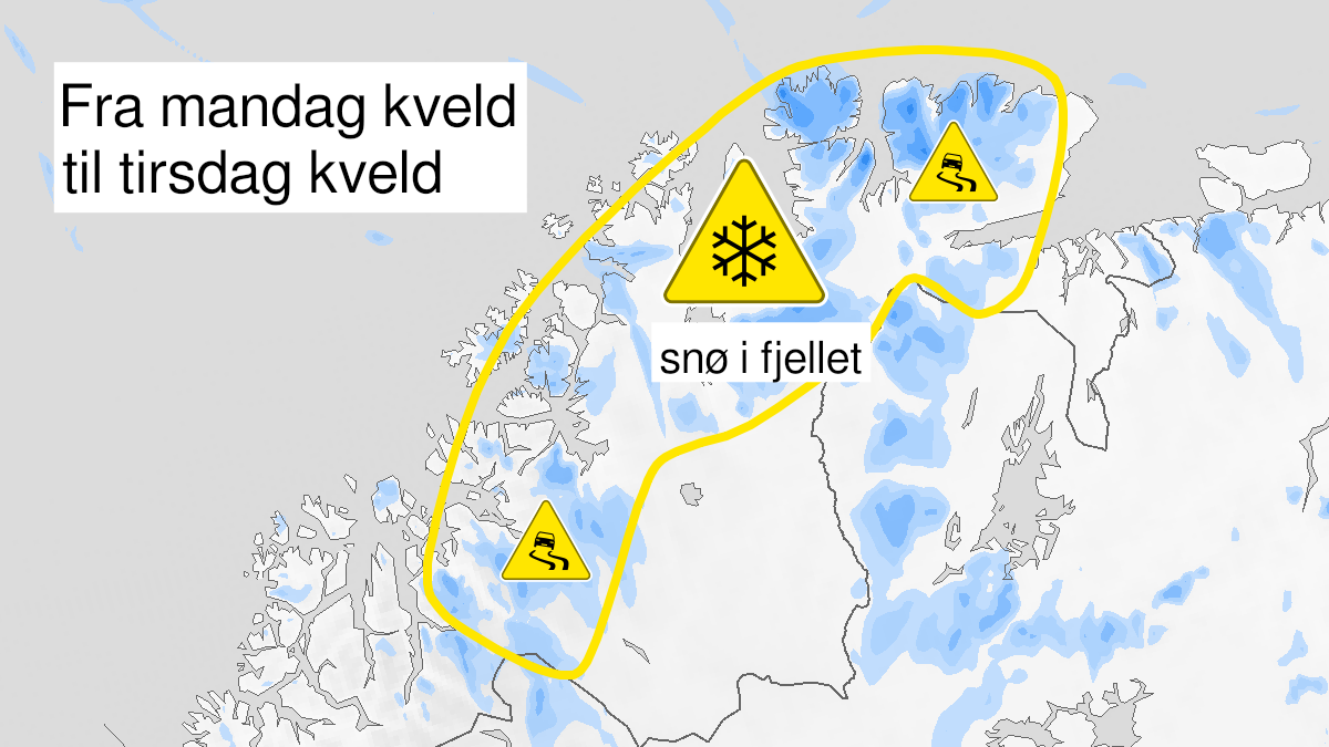 Kart over snø, gult nivå, Kyst- og fjordstrøkene i Finnmark, 12 October 18:00 UTC til 13 October 18:00 UTC.
