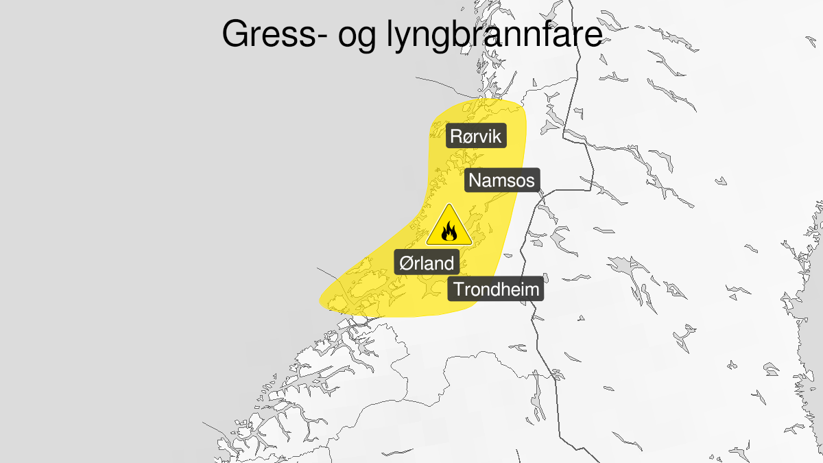 Kart over Skogbrannfare, gult nivå, Deler av Trøndelag og Nordmøre, 2024-04-26T08:00:00+00:00, 2024-04-29T10:00:00+00:00