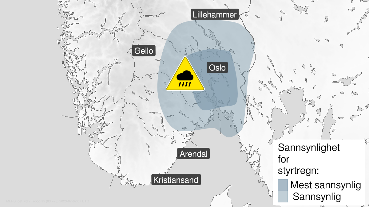 Kart over Styrtregn, gult nivå, Deler av Østlandet, 2023-07-02T00:00:00+00:00, 2023-07-02T19:00:00+00:00
