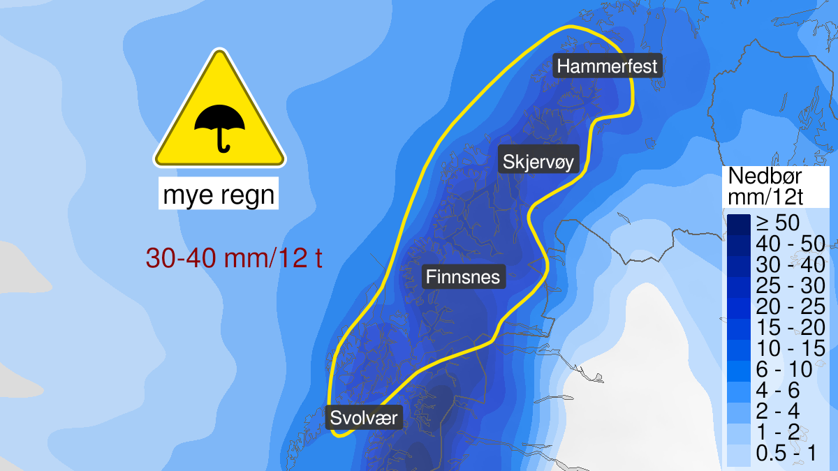 Kart over Mye regn, gult nivå, deler av Nord-Norge mellom Svolvær og Hammerfest, 2024-01-08T08:00:00+00:00, 2024-01-08T23:00:00+00:00