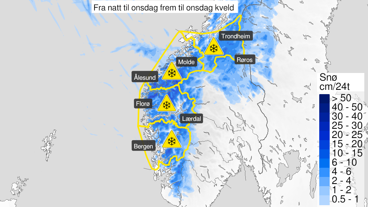 Kart over snø, gult nivå, Møre og Romsdal, 20 April 22:00 UTC til 21 April 22:00 UTC.
