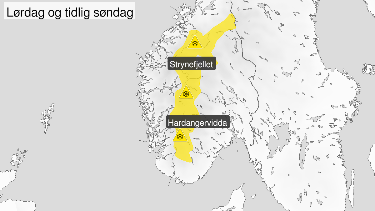 Map of heavy snow ongoing, yellow level, Fjellet i Soer-Norge, 12 September 18:00 UTC to 13 September 10:00 UTC.