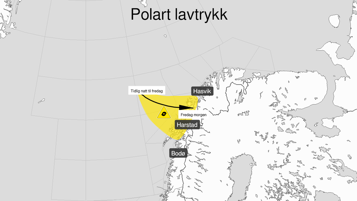 Map of polar low, yellow level, Outer Vestfjord, Roest Bank, Vesteraalbanks, Banks outside Troms and Tromsoeflaket and Lofoten, Vesteraalen and Troms, 28 January 04:00 UTC to 28 January 10:00 UTC.
