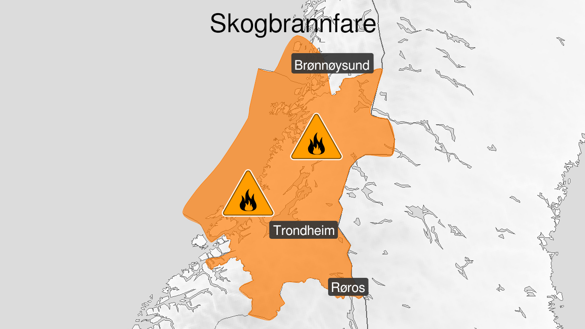 Kart over Stor skogbrannfare, oransje nivå, Trøndelag og sør på Helgelandskysten, 2024-05-22T07:00:00+00:00, 2024-05-30T20:00:00+00:00