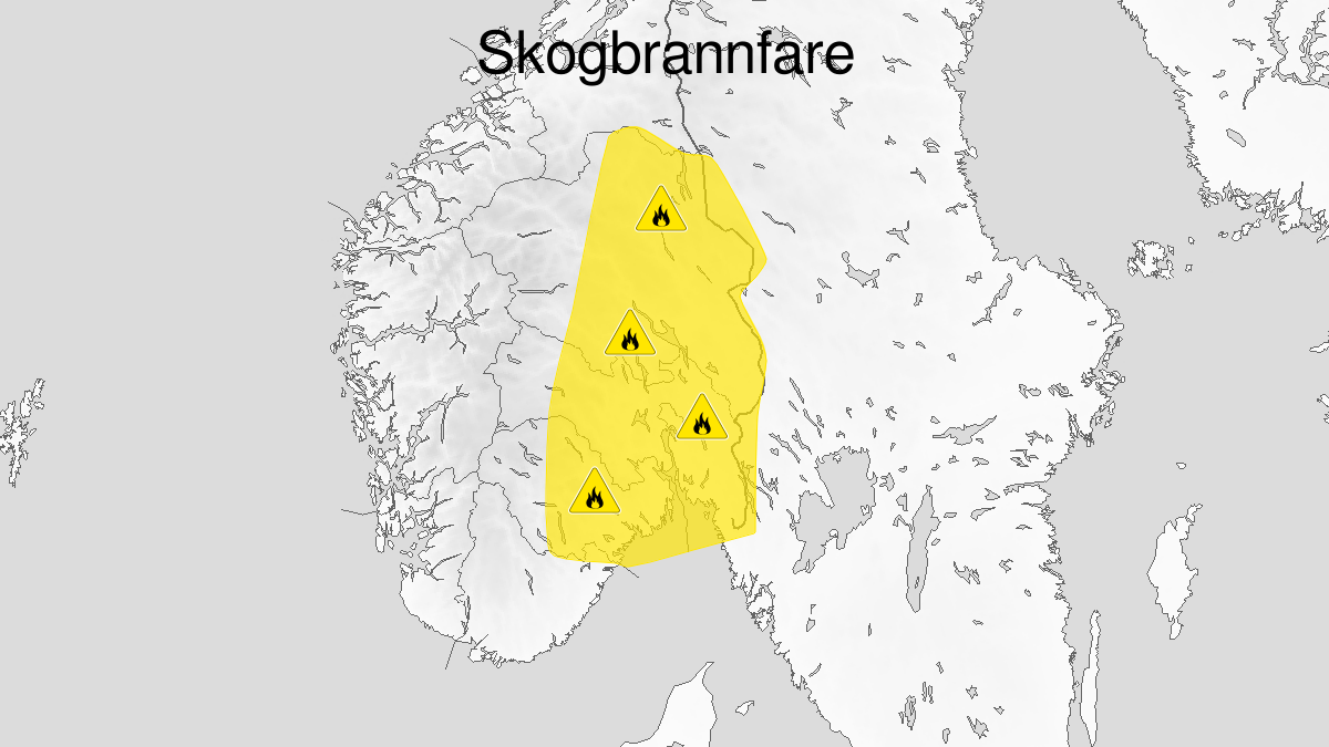 Kart over Skogbrannfare, gult nivå, Østlandet, 2023-06-23T06:00:00+00:00, 2023-06-26T22:00:00+00:00