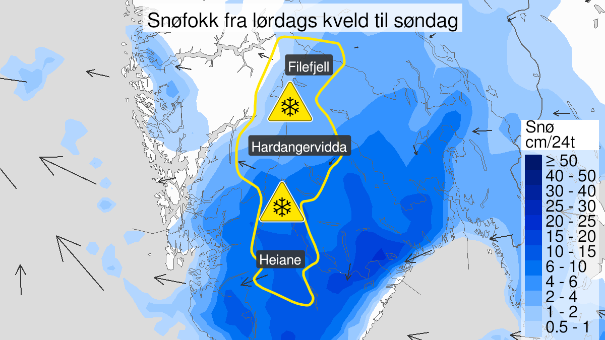 Map over Blowing snow, yellow level, Southern parts of mountain areas in South Norway, 2023-11-18T19:00:00+00:00, 2023-11-19T12:00:00+00:00