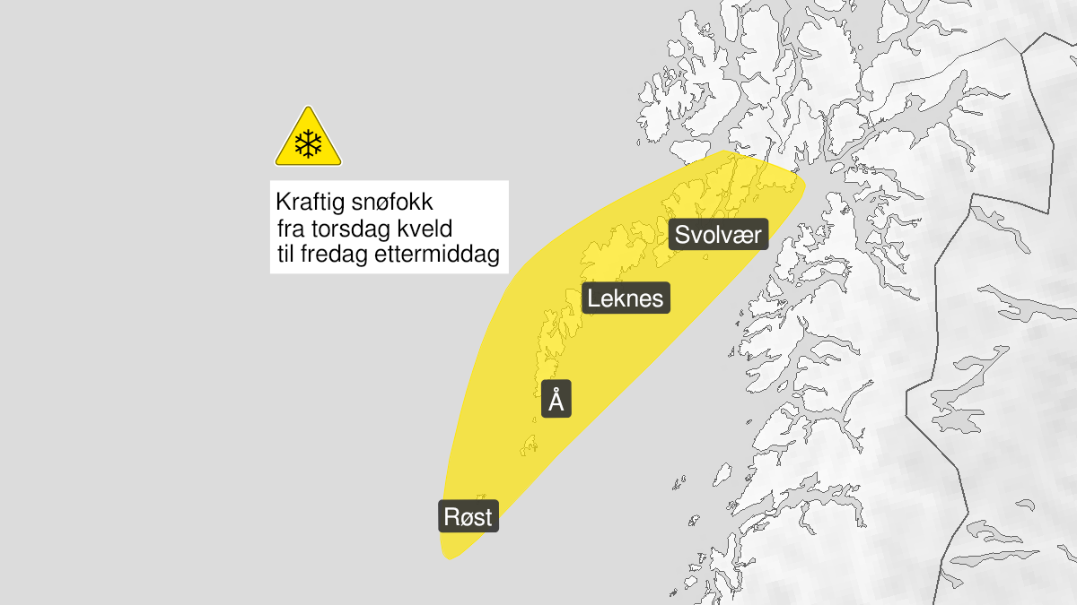 Kart over Kraftig snøfokk, gult nivå, Lofoten, 2024-02-08T20:00:00+00:00, 2024-02-09T11:00:00+00:00