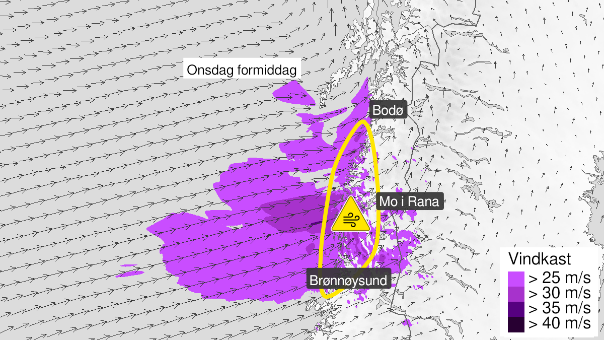 Map of strong wind gusts, yellow level, Helgeland, 15 December 07:00 UTC to 15 December 15:00 UTC.