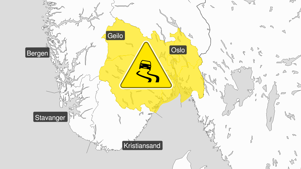 Kart over is, gult nivå, Oslo, Østfold, Vestfold, Buskerud og Telemark, 21 January 16:00 UTC til 21 January 21:00 UTC.