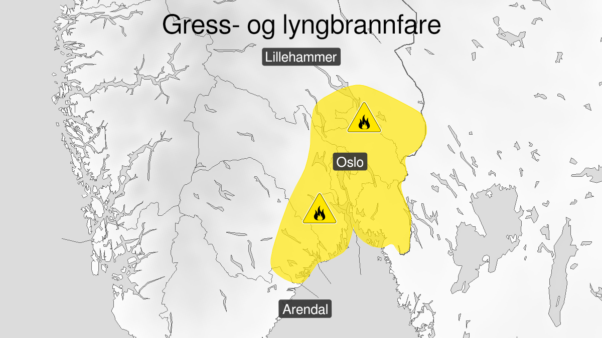 Kart over Skogbrannfare, gult nivå, Deler av Østlandet, 2024-04-22T08:00:00+00:00, 2024-04-28T10:00:00+00:00