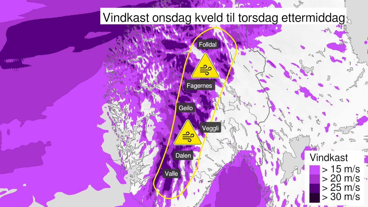 Kart over kraftige vindkast, gult nivå, Vest-Agder, Aust-Agder, Telemark, Buskerud, Oppland og Hedmark, 12 January 20:00 UTC til 13 January 13:00 UTC.