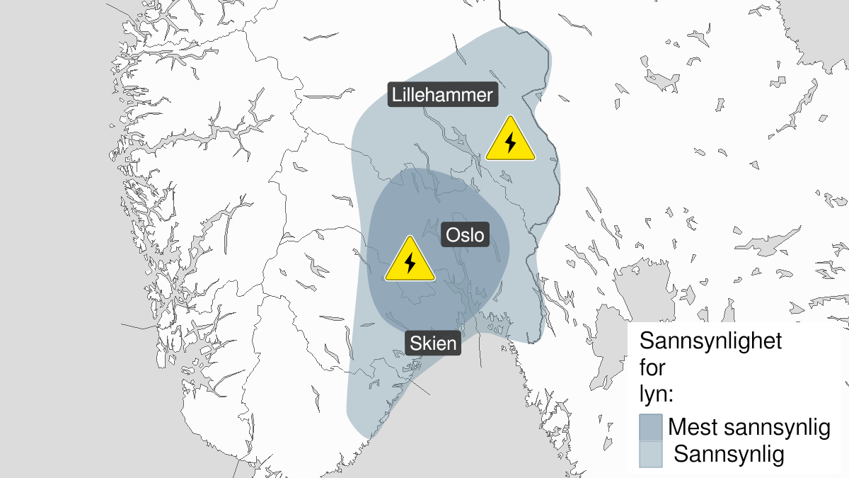Kart over Mye lyn, gult nivå, Deler av Østlandet og Sørlandet, 2023-05-15T11:00:00+00:00, 2023-05-15T19:00:00+00:00