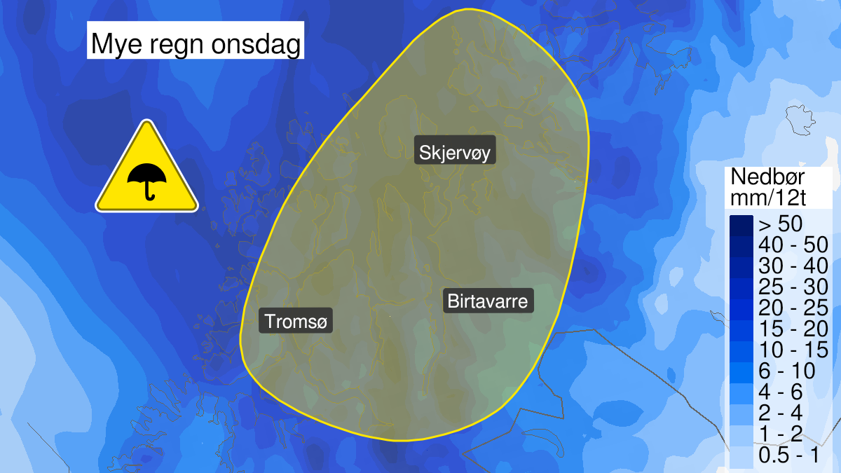 Kart over Mye regn, gult nivå, Nord-Troms, 2022-07-27T06:00:00+00:00, 2022-07-27T22:00:00+00:00