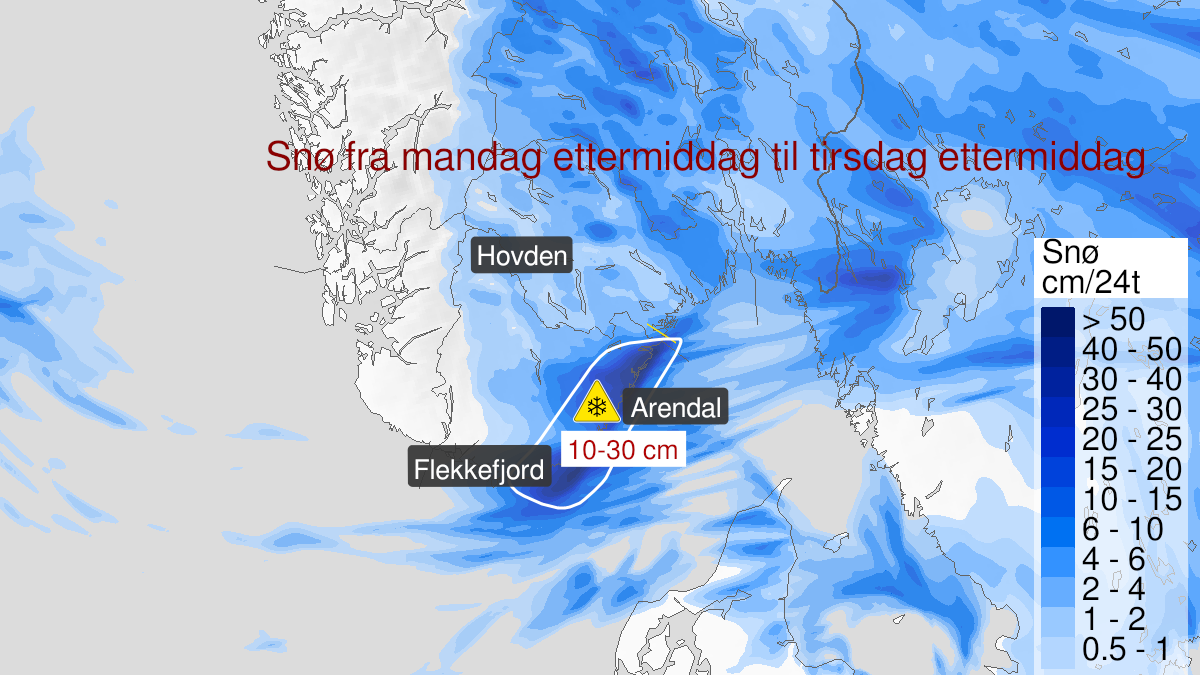 Kart over Snø, gult nivå, Deler av Agder, 2022-11-21T12:00:00+00:00, 2022-11-22T12:00:00+00:00