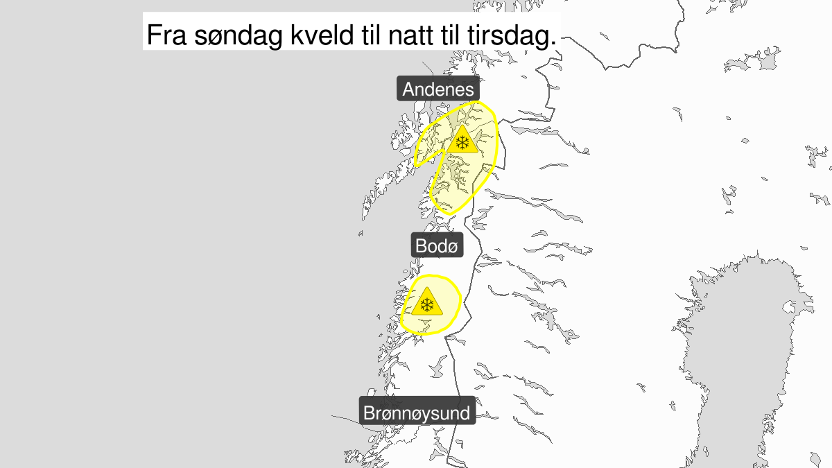 Blowing snow, yellow level, Saltfjellet, Salten, Lofoten, Ofoten and Vesteraalen, 08 March 18:00 UTC to 10 March 02:00 UTC.