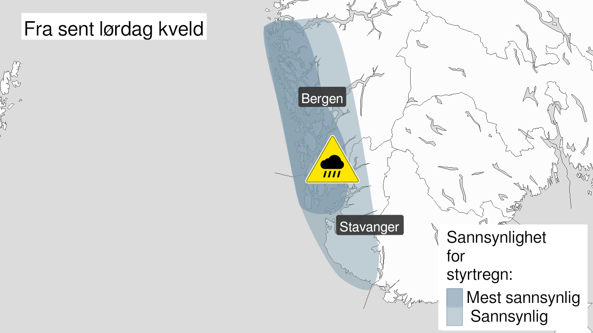 Kart over Styrtregn, gult nivå, Deler av Vestlandet, 2022-08-20T20:00:00+00:00, 2022-08-21T10:00:00+00:00