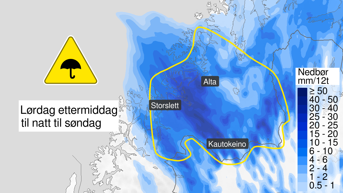 Map over Heavy rain, yellow level, Troms east of Lyngen Alps, Western Finnmark and Finnmarksvidda, 2023-07-15T12:00:00+00:00, 2023-07-16T03:00:00+00:00