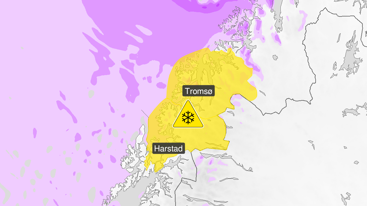 Map of blowing snow, yellow level, Troms, 10 February 15:00 UTC to 11 February 11:00 UTC.