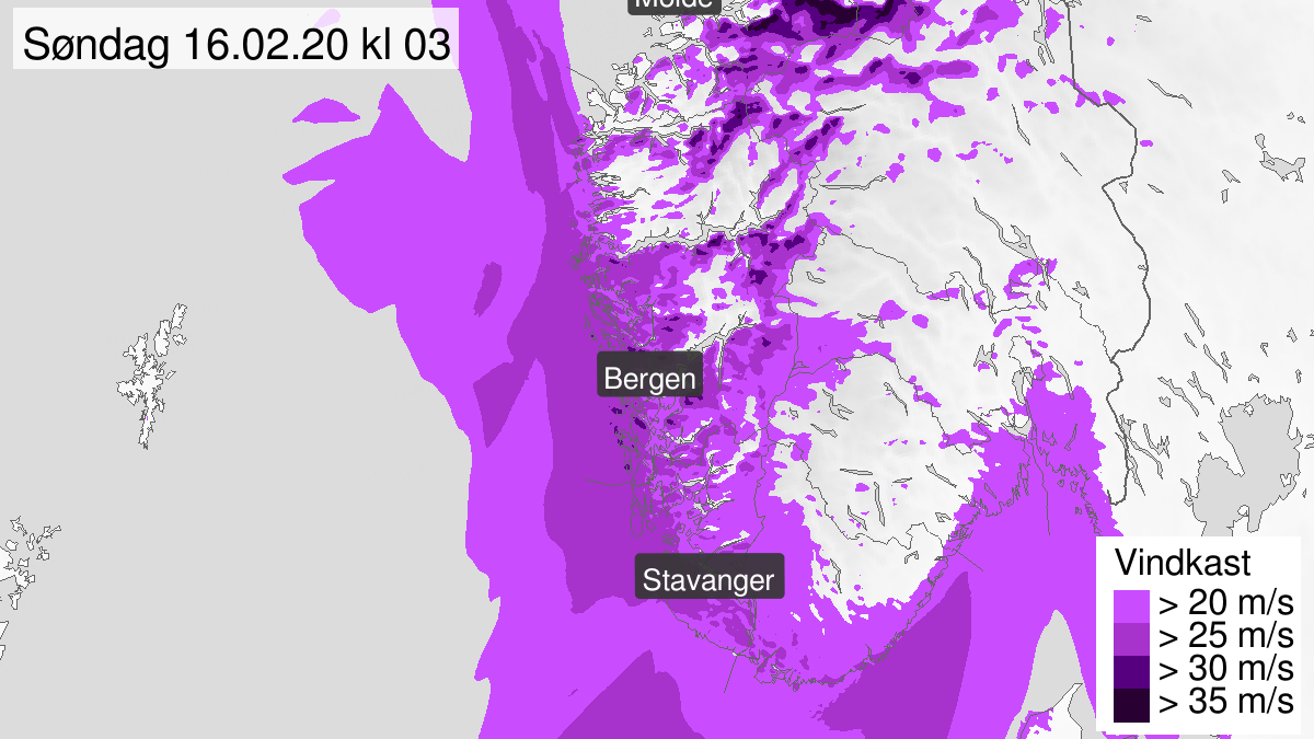 Kraftige vindkast, gult nivå, Vestlandet sør for Stad, 15 February 17:00 UTC til 16 February 04:00 UTC.