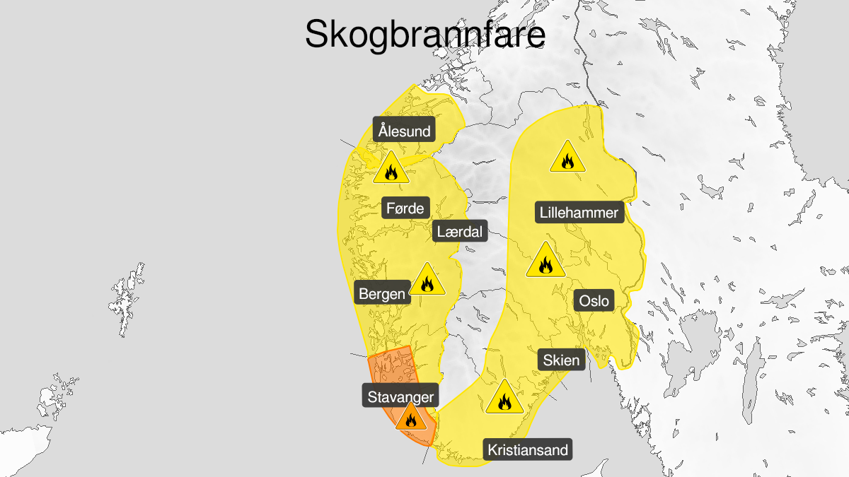 Map over Forest fire danger, yellow level, Vestland county and parts of Rogaland, 2024-05-12T06:00:00+00:00, 2024-05-23T18:00:00+00:00