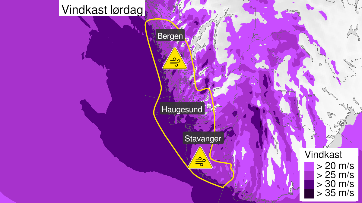 Kart over Kraftige vindkast, gult nivå, Ytre strøk av Rogaland og Hordaland, 2023-10-14T06:00:00+00:00, 2023-10-14T21:00:00+00:00