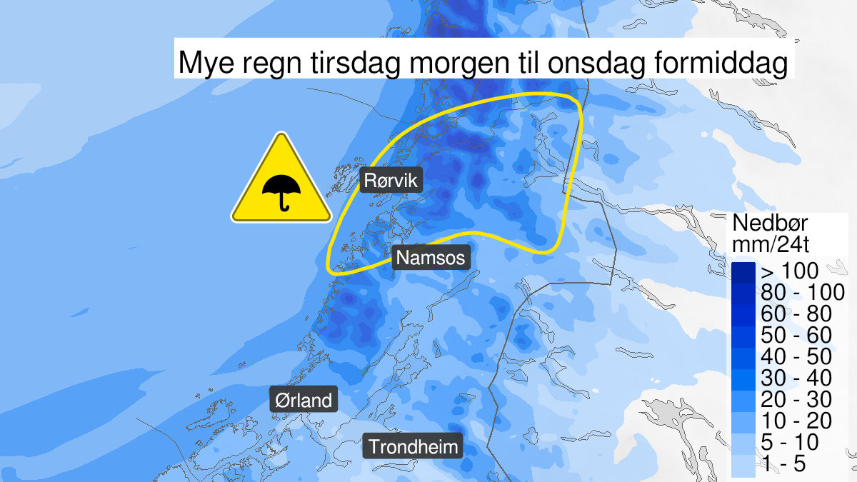 Kart over mye regn, gult nivå, Namdalen, 18 January 06:00 UTC til 19 January 09:00 UTC.