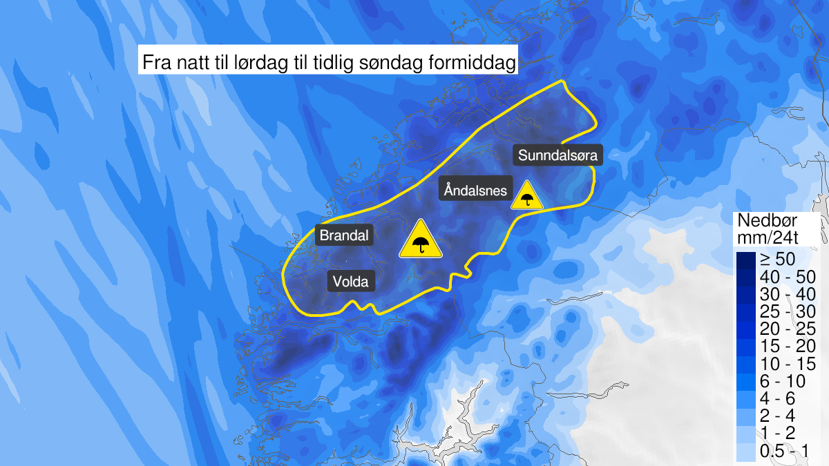 Kart over Mye regn, gult nivå, Deler av Møre og Romsdal , 2024-01-13T03:00:00+00:00, 2024-01-14T06:00:00+00:00