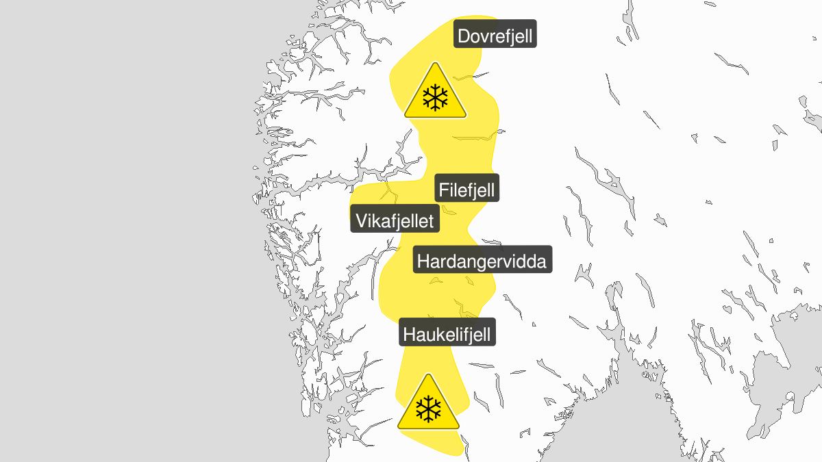 Map over Blowing snow, yellow level, Mountainous parts in South Norway, 2023-12-27T20:00:00+00:00, 2023-12-28T11:00:00+00:00
