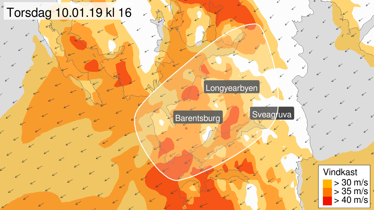 Normal wind gusts, green level, Nordenskiöld Land på Spitsbergen, 11 January 00:00 UTC to 11 January 01:00 UTC.