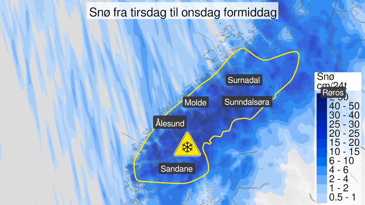 Kart over Snø, gult nivå, Deler av Nordfjord, Møre og Romsdal, Sør-Trøndelag, 2023-12-25T12:00:00+00:00, 2023-12-27T08:00:00+00:00