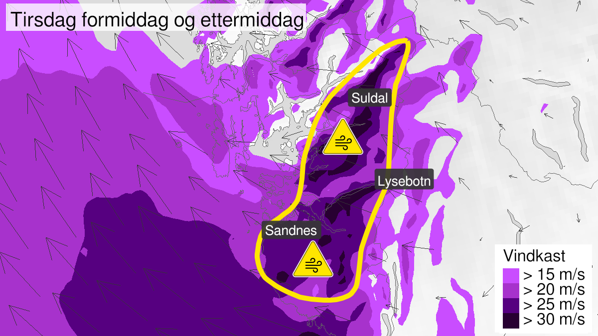 Map over Downgraded alert warning for wind gusts, Parts of Rogaland