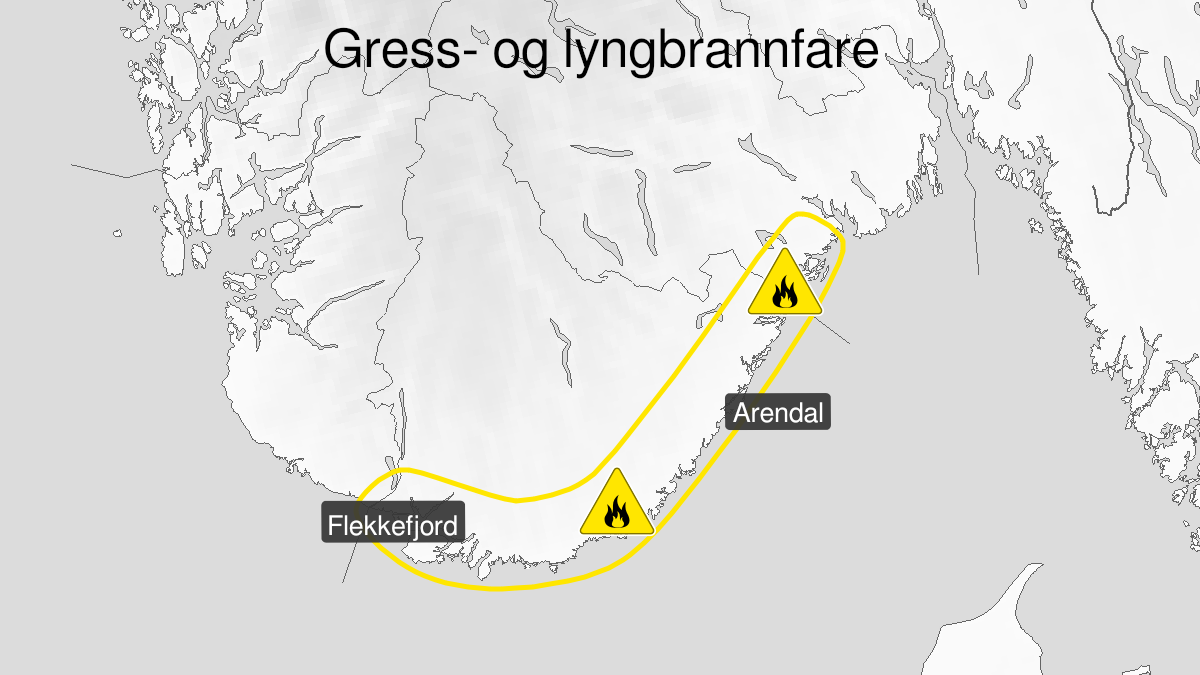 Kart over Skogbrannfare, gult nivå, Deler av Agder og Telemark, 2023-03-05T09:00:00+00:00, 2023-03-06T19:00:00+00:00