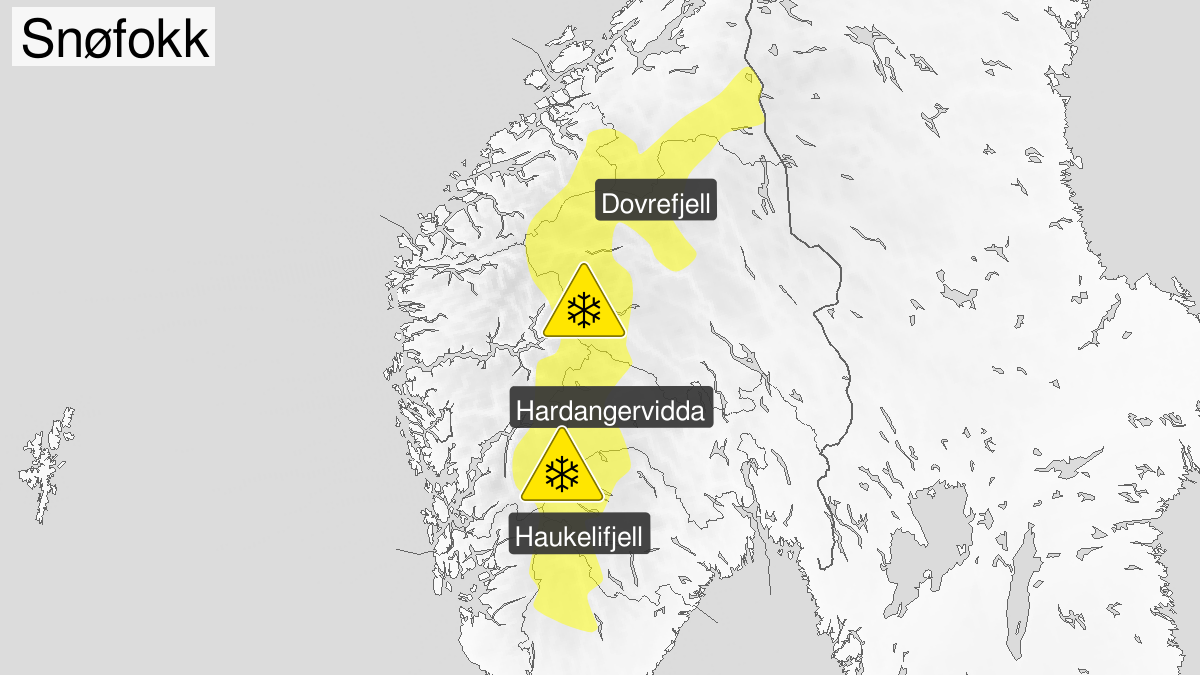 Kart over kraftig snøfokk, gult nivå, Fjellet i Sør-Norge, 11 April 22:00 UTC til 16 April 08:00 UTC.