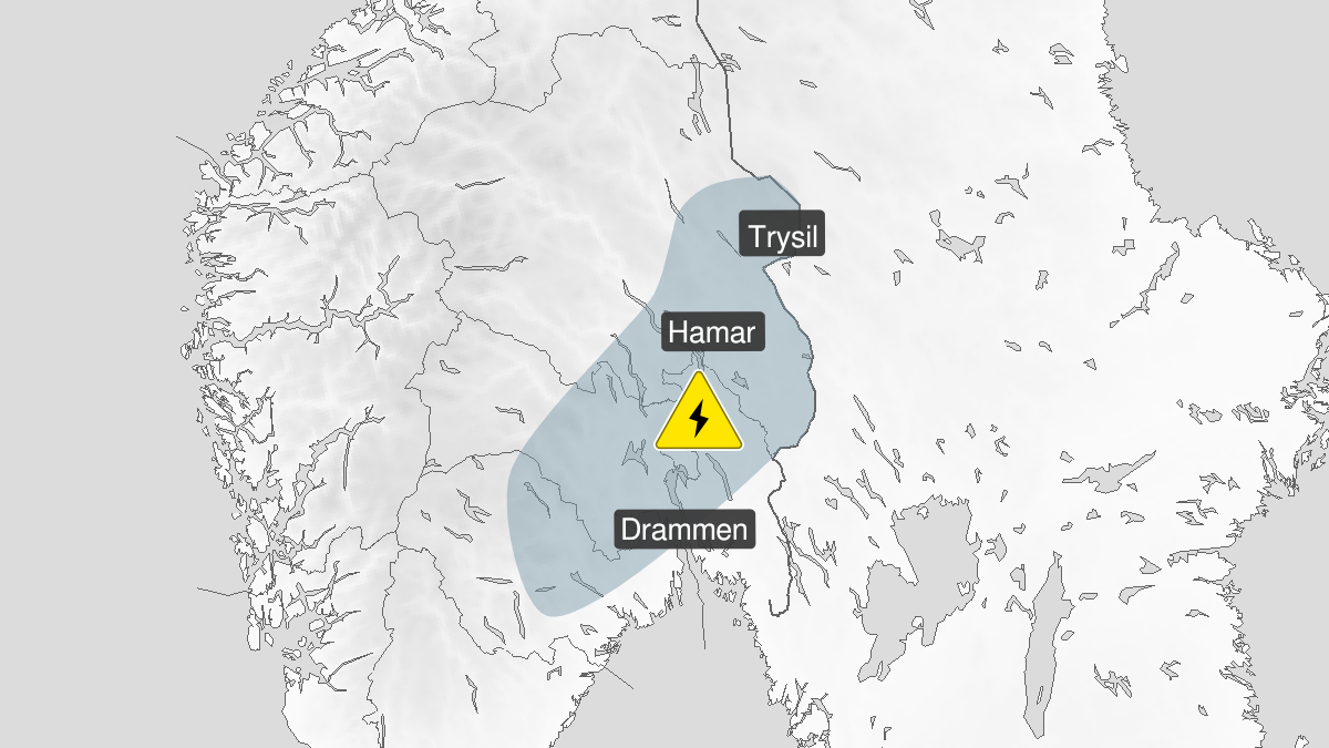 Kart over Nedgradert varsel for mye lyn, Deler av Østlandet