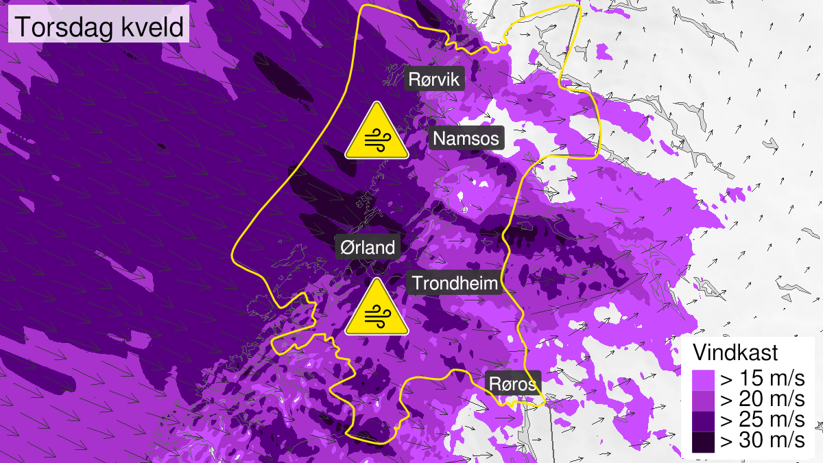 Kart over Kraftige vindkast, gult nivå, Trøndelag, 2023-02-09T18:00:00+00:00, 2023-02-10T00:00:00+00:00