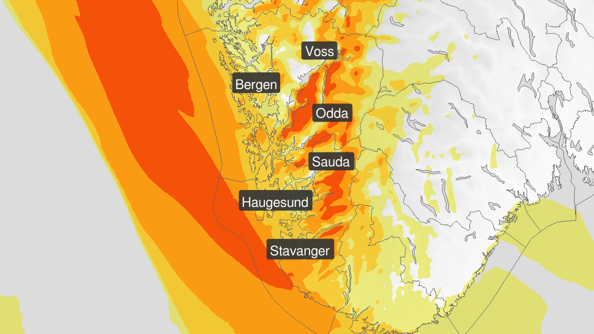 Strong wind gusts, yellow level, Rogaland and Hordaland, 12 March 09:00 UTC to 12 March 21:00 UTC.