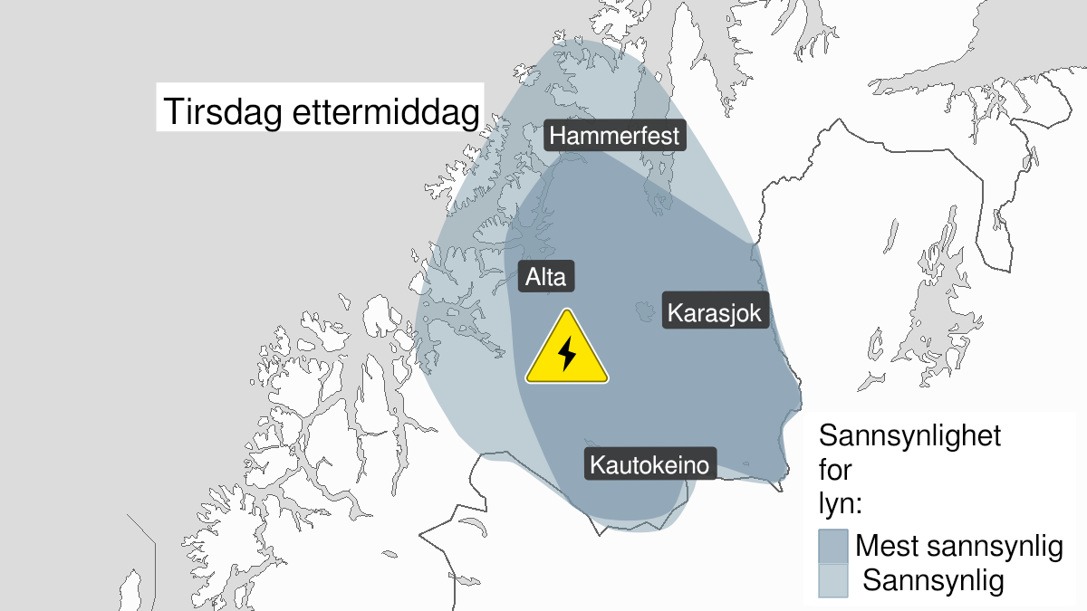 Kart over Mye lyn, gult nivå, Vest-Finnmark og Finnmarksvidda, 2023-06-20T12:00:00+00:00, 2023-06-20T21:00:00+00:00