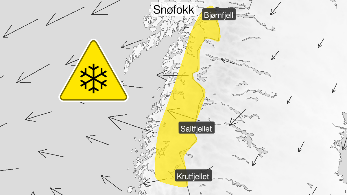 Kart over Kraftig snøfokk, gult nivå, Deler av Nordland, 2024-03-28T18:00:00+00:00, 2024-03-30T00:00:00+00:00