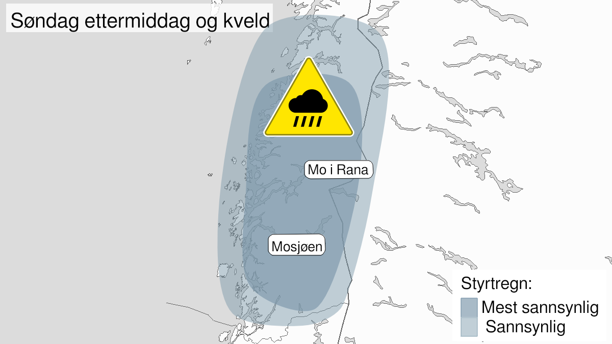 Kart over styrtregn pågår, gult nivå, Helgeland, 11 July 15:00 UTC til 11 July 20:00 UTC.